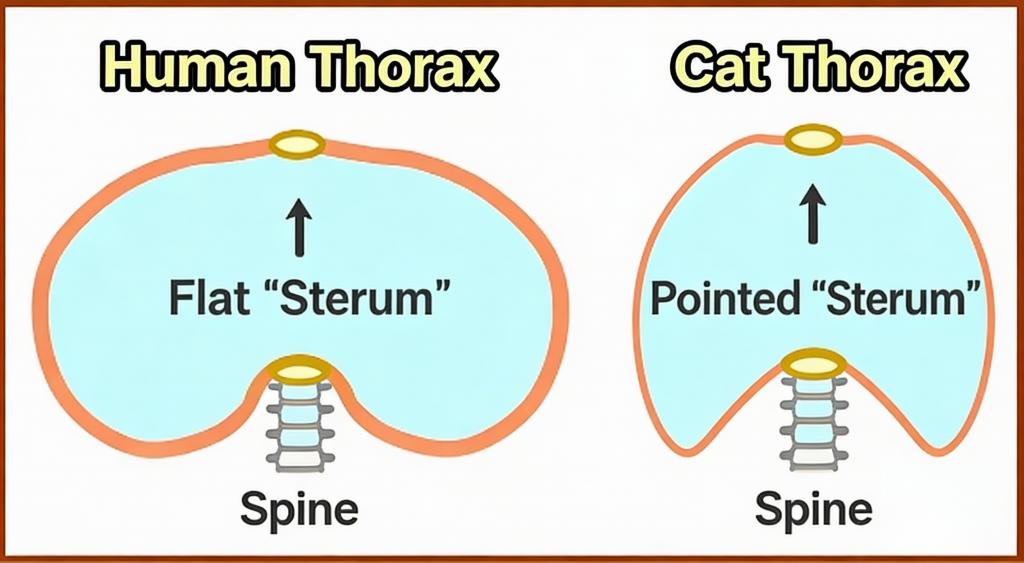 Unlike humans, whose sternum is relatively flat, cats’ sternum is elongated