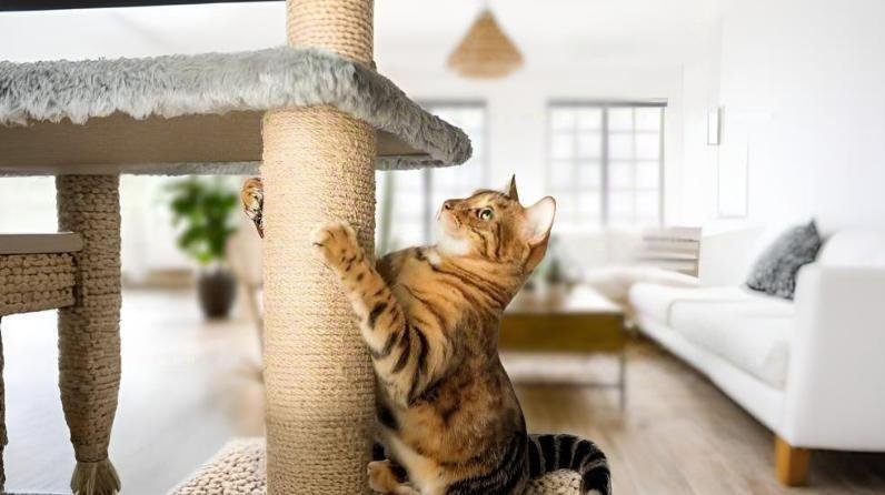 cat with a cat pole-ascratching post against the bac