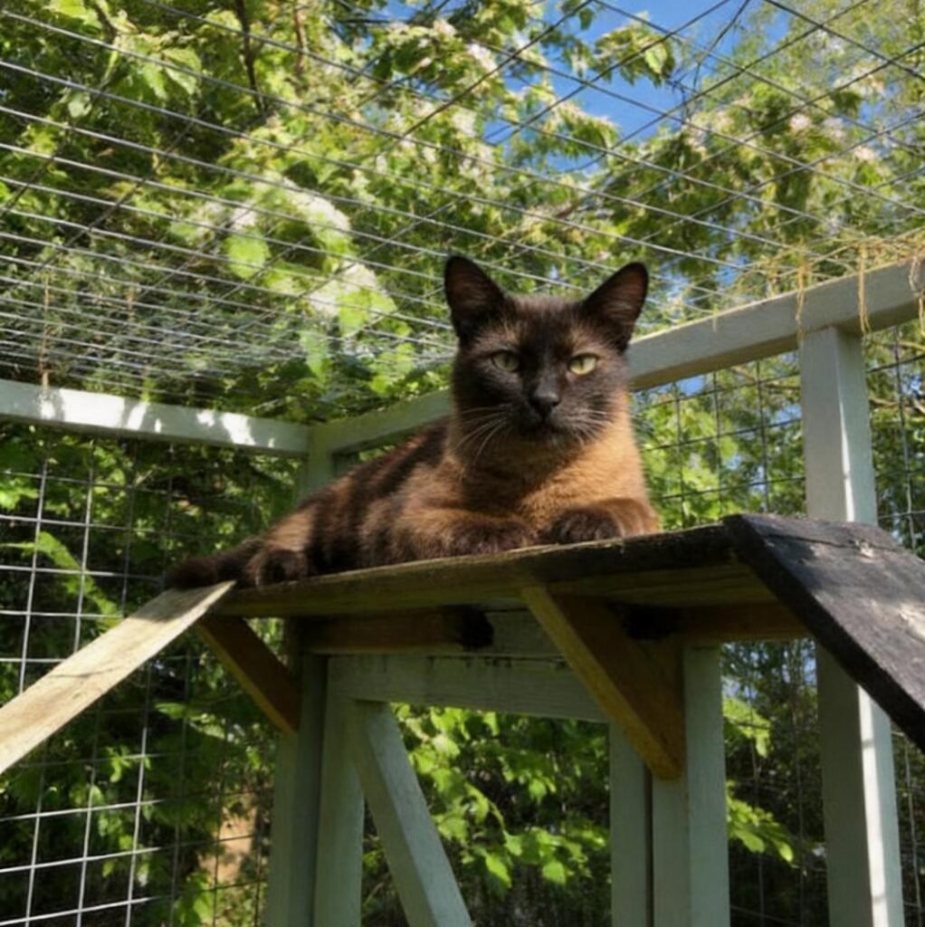 A beautiful cat is lazily lying on his catio, enjoying the sunshine from his elevated perch.