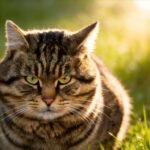 Portrait of a fat striped cat with green eyes
