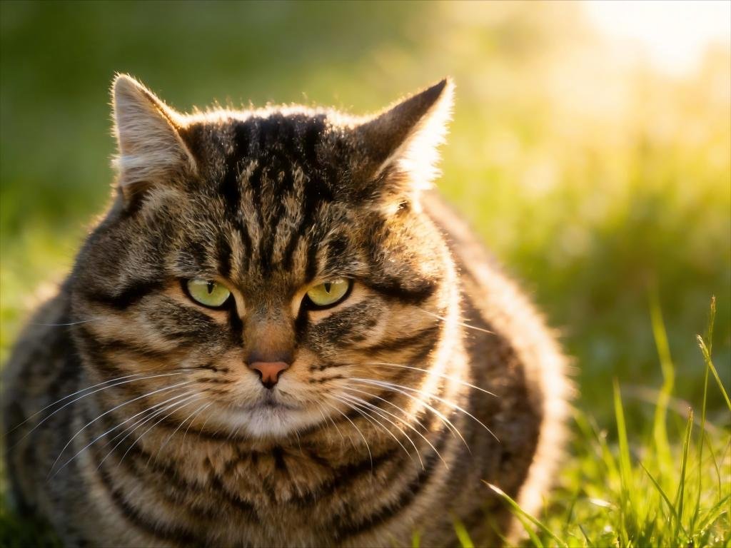 Portrait of a fat striped cat with green eyes