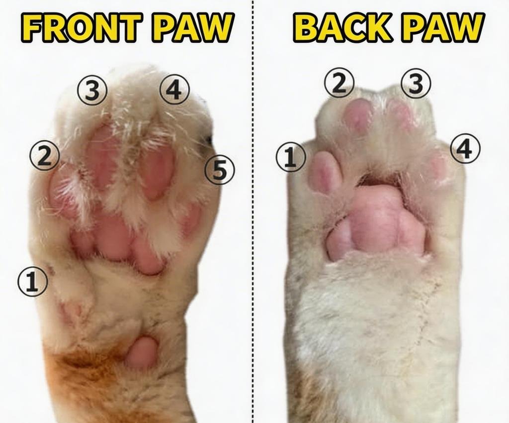 Cat front paw vs hind paw toe structure comparison