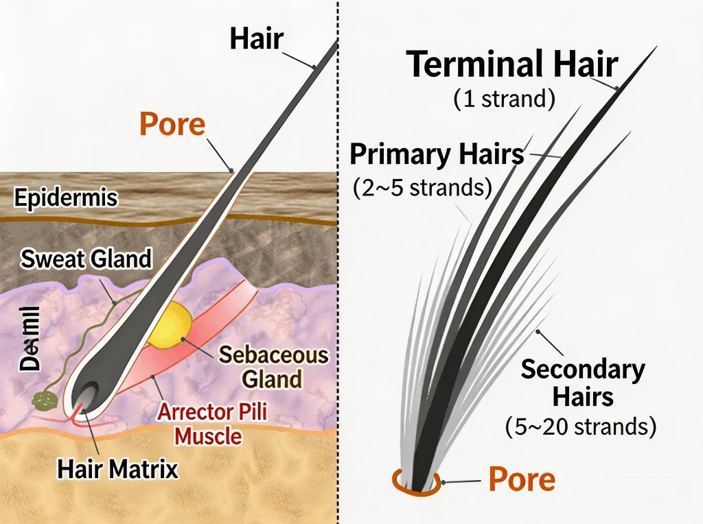 Human hair follicles usually grow only one hair at a time. Cats are different.
