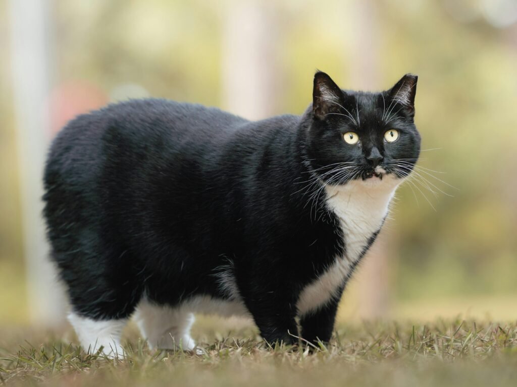 Black and white cat standing on grass with a blurred nature background.