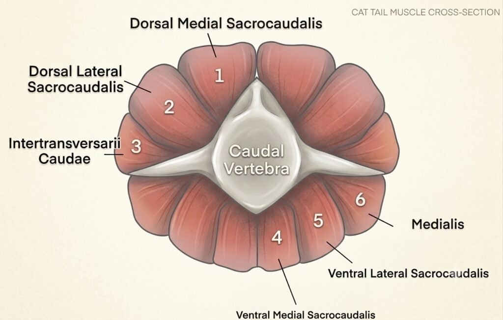 Cross-sectional diagram of a cat's tail with muscle labels