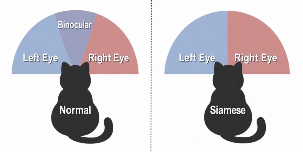 Diagram comparing cat visual fields: Normal cats have overlapping binocular vision between left and right eye fields, while Siamese cats lack central binocular vision, showing a sharp divide between left and right eye fields.
