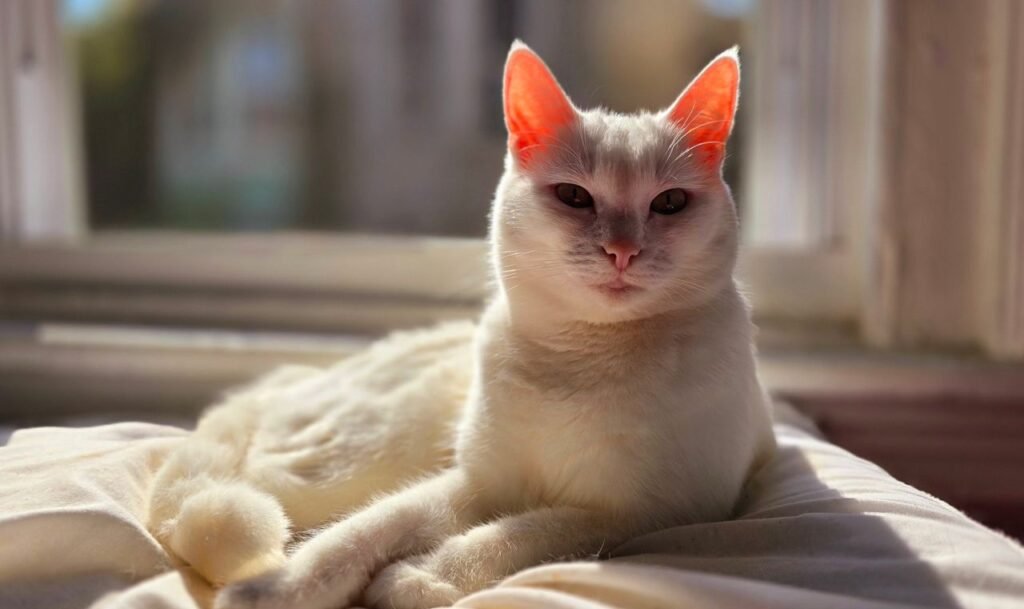 Charming white cat basking in sunlight on a cozy pillow, capturing a tranquil moment.