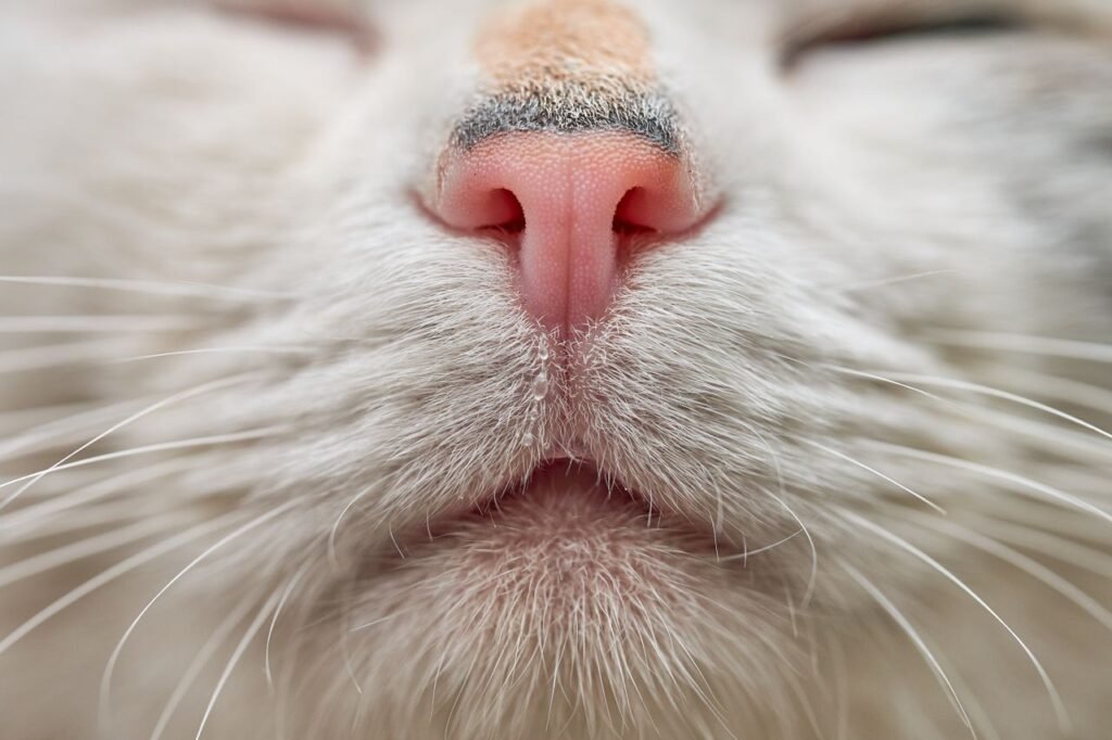 Macro shot capturing a domestic cat's pink nose and whiskers, showcasing delicate fur detail.