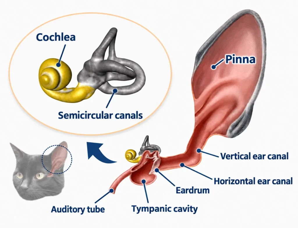The Locations of the Pinna, Ear Canal, Eardrum, Auditory Ossicles, Cochlea, and Other Structures.